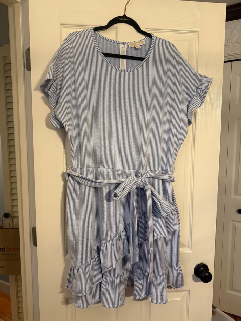 Michael Kors Light Blue & White Striped Ruffle Tie-Waist Dress